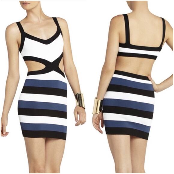 BCBGMAXAZRIA Elle Bandage Cut-Out Mini Dress V-Neck Striped Open Back Bodycon - Picture 1 of 13